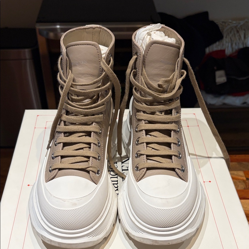 Alexander McQueen Tread Slick Boot- Tan and White Women's High-Top Sneakers